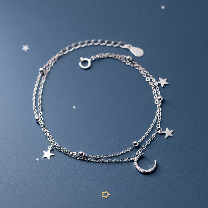 Elegantes 925 Sterling Silber Armband – Doppelketten-Design mit Mond- und Sternmotiv für Damen - ChMode