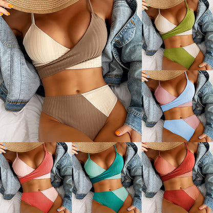 Bikini Patchwork Swimwear Ribbed Women's Swimsuit Knot Back Beachwear Ruched Butt Biquinis Bathing Suits - ChMode