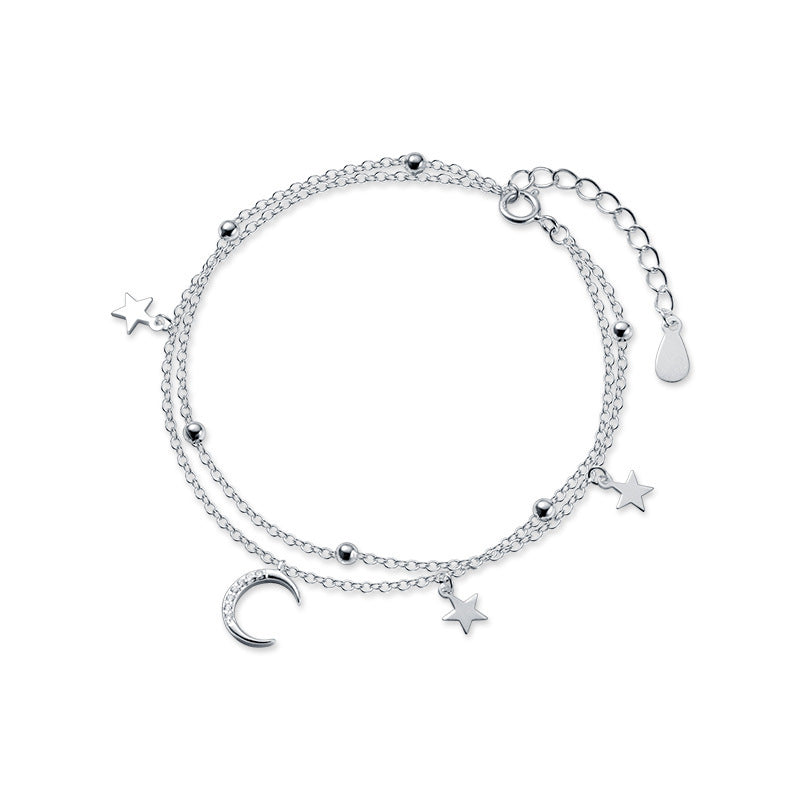 Elegantes 925 Sterling Silber Armband – Doppelketten-Design mit Mond- und Sternmotiv für Damen - ChMode