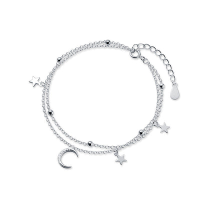 Elegantes 925 Sterling Silber Armband – Doppelketten-Design mit Mond- und Sternmotiv für Damen - ChMode
