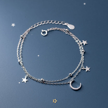 Elegantes 925 Sterling Silber Armband – Doppelketten-Design mit Mond- und Sternmotiv für Damen - ChMode